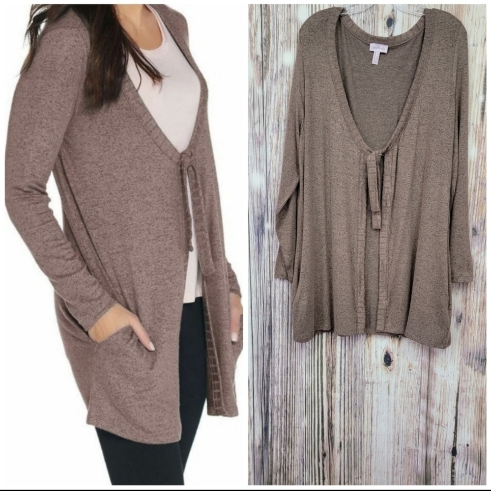 Anybody Smokey Taupe Hacci Tie Front Cardigan